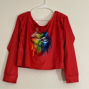 Kaylee Kollection Women’s Dripping Rainbow Lip Bite Top Shirt Midriff Large Red